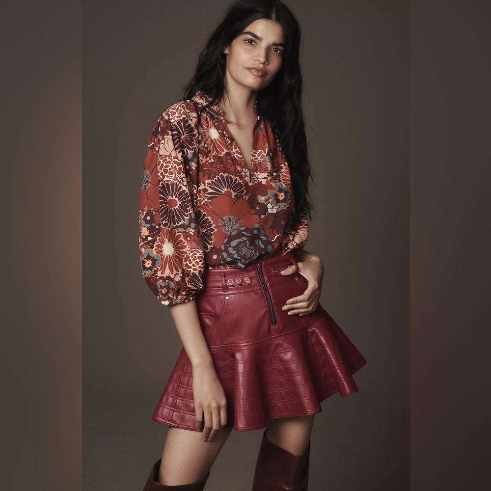 Anthropologie PILCRO FIT-AND-FLARE FAUX-LEATHER MINI SKIRT 4120095140063…